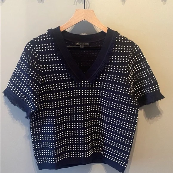Adrianna Papell Navy and White V-Neck Sweater with fringe Size Large - Picture 4 of 10